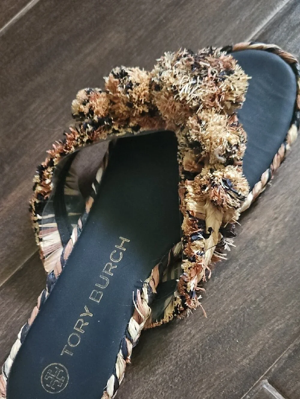 Tory Burch Black Footbed Pom-Pom Braided Trim Slide Sandals